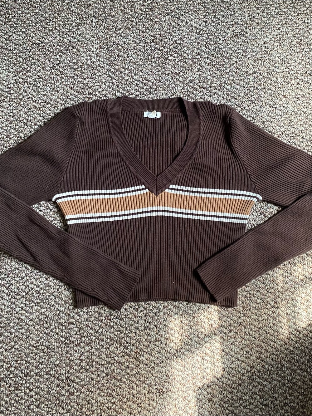 Garage Brown Ribbed V-Neck Cropped Sweater with Tan and White Stripes